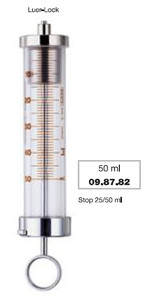 Strzykawka próżniowa, cylindryczna, szklana, wielorazowego użytku, z przyłączem typu Luer-Lock, poj. 50 ml nr. 09.87.82